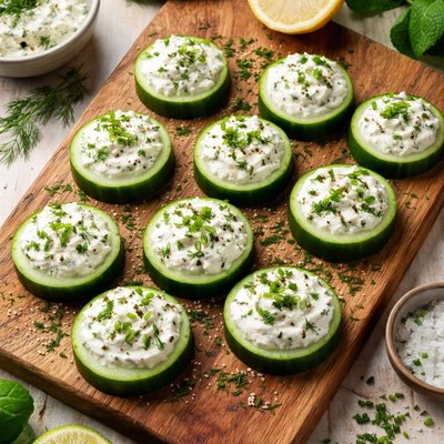 Cucumber slices with cream and herbs
