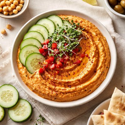Cucumber sprouts red pepper hummus