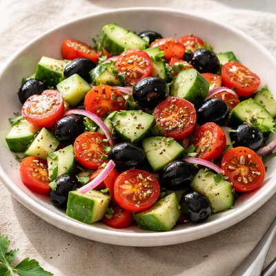 Cucumber tomato black olives salad