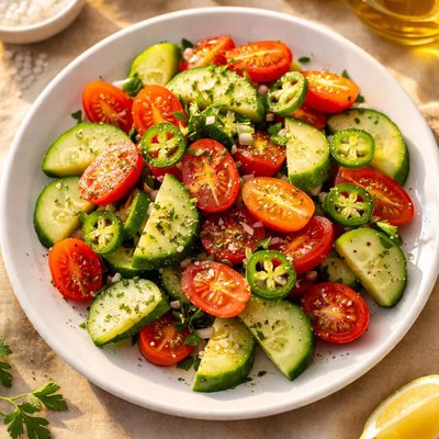 Cucumbers with tomatoes and jalapeno