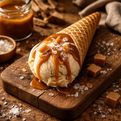 Cucurucho con helado de caramelo y sal