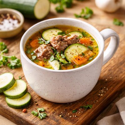 Cup of beef bone broth with zucchini