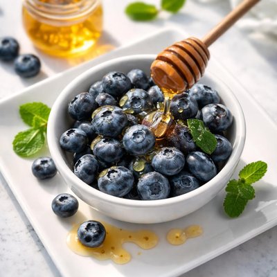 Cup of blueberries with honey