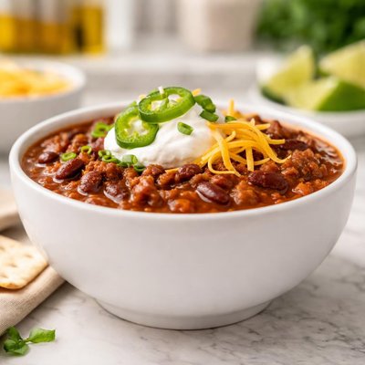 Cup of chili with chees and sour cream