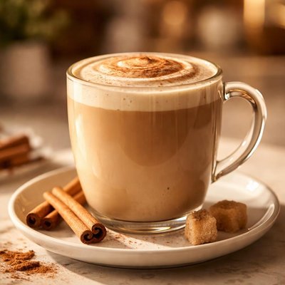 Cup of coffee with milk and cinnamon