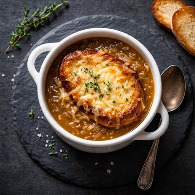 Cup of homemade french onion soup