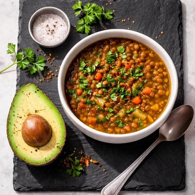 Cup of lentils soup and half an avacado
