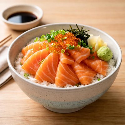Cup of salmon sashimi and rice