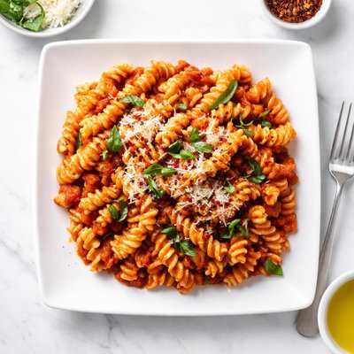 Curly pasta in tomato sauce