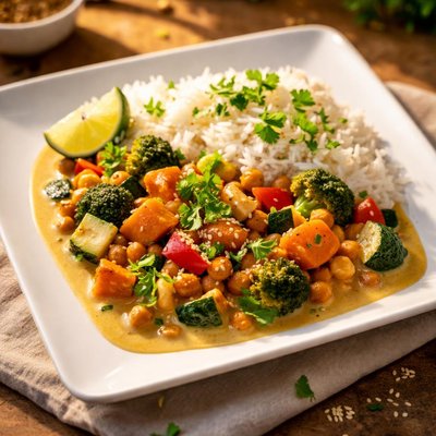 Curry mit kokosmilch und reis vegetarisch