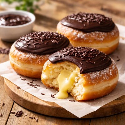 Custard filled bismarck with chocolate frosting