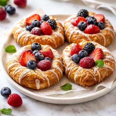 Danish pastry with icing and fruit