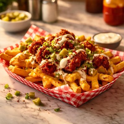 Daves hot chickem cheese fries