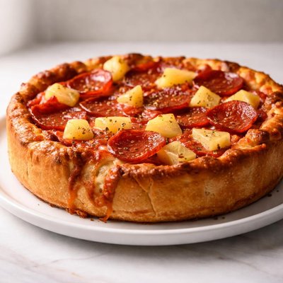 Deep dish pepperoni pineapple pizza