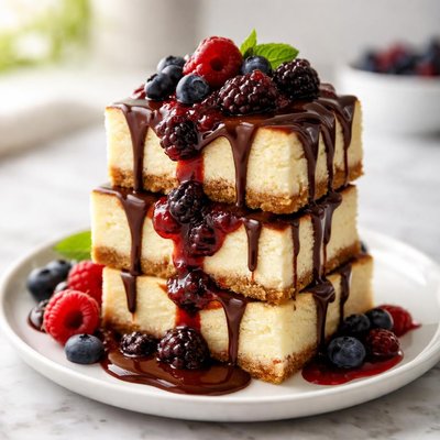 Dessert with chocolate drizzle and berry sauce