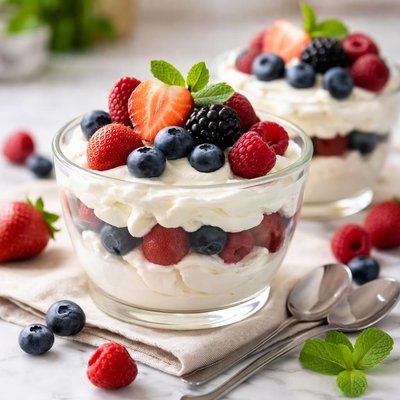 Dessert with whipped cream and berries
