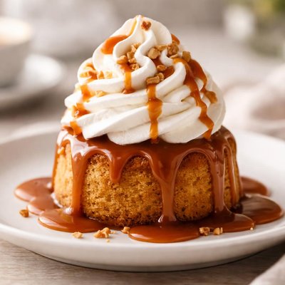 Dessert with whipped cream and caramel sauce