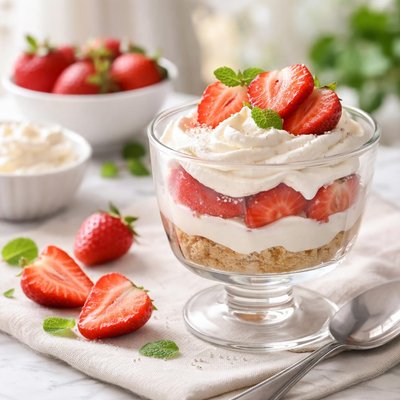 Dessert with whipped cream and strawberries