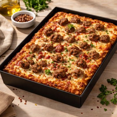 Detroit pan style sausage cheese pizza