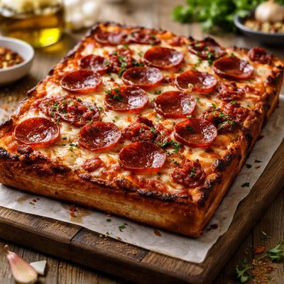 Detroit style pepperoni pizza