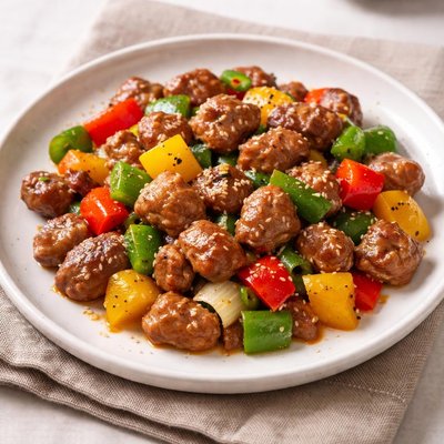 Diced meat with stir-fried bell pepper and ball pepper