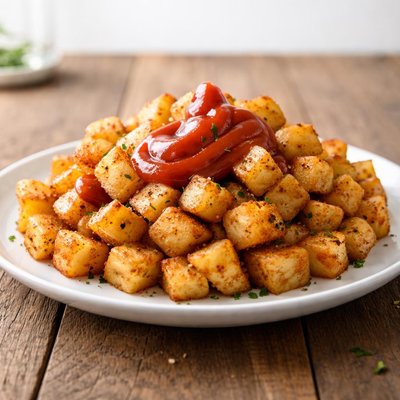 Diced potatoes with ketchup