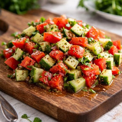 Diced tomatoes and cucumbers with dressing