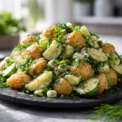 Dill and cucumber smashed potato salad