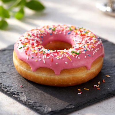 Donut with pink frosting and sprinkles