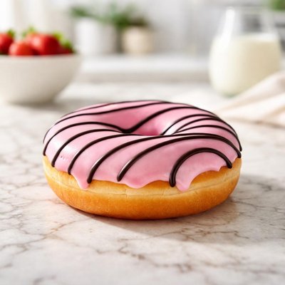 Donut with pink icing and chocolate stripes
