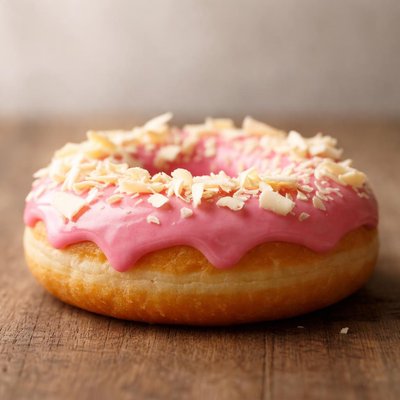 Donut with pink icing and white chocolate shavings
