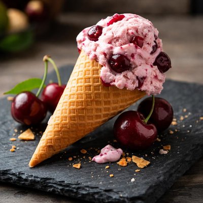 Door country cherry ice cream in a waffle cone
