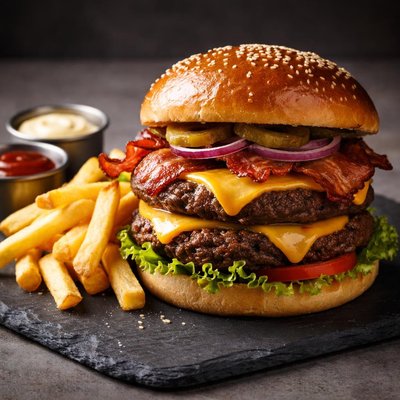 Double bacon cheeseburger with fries