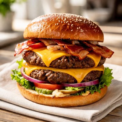 Double cheese burger and bacon village hotel