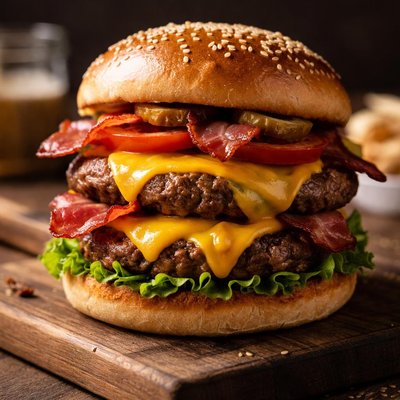 Double cheese cheddar river burger with bacon