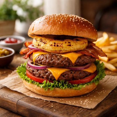 Double patty burger with pineapple