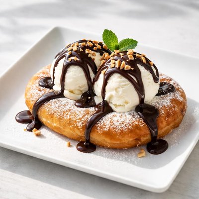 Dough with vanilla ice cream and chocolate sauce