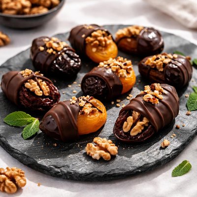 Dried fruit in chocolate with walnuts