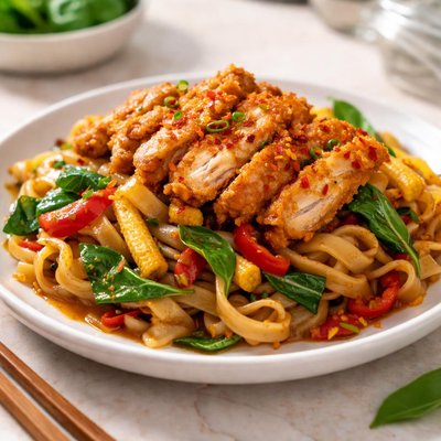 Drunken noodle with crispy chicken