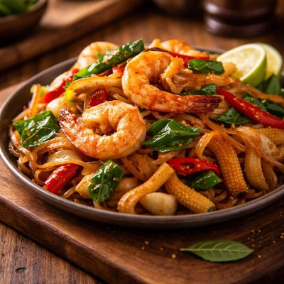 Drunken noodles with shrimp