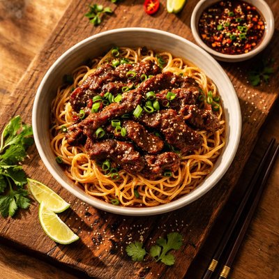 Dry beef noodles with sauce