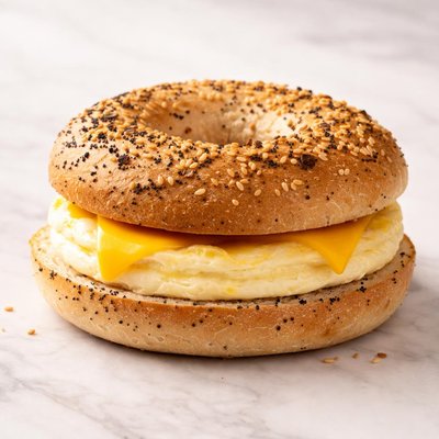 Dunkiin egg and cheese sandwich on everything bagel