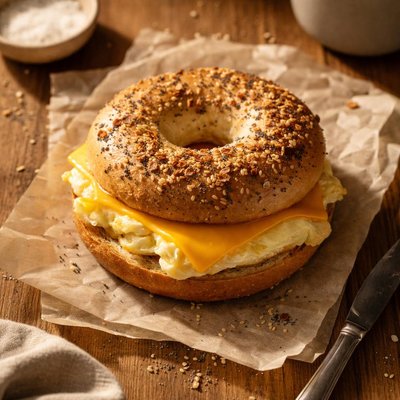Dunking egg and cheese sandwich on everything bagel