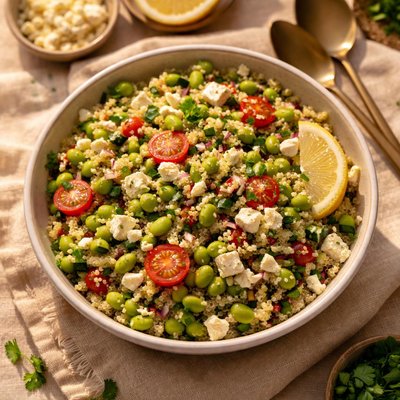 Edamame feta quinoa salad