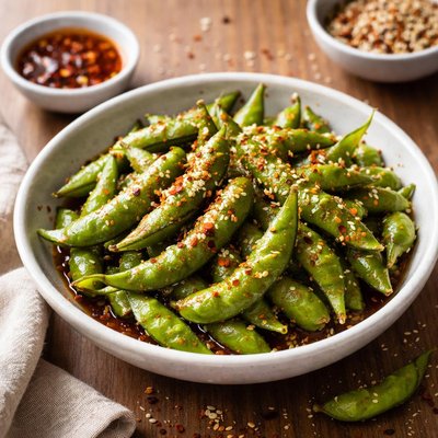 Edamame with everything spice and chili oil