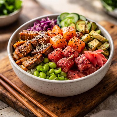 Eel salmon tuna poke bowl