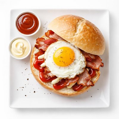 培根鸡蛋卷配番茄酱和美奶滋