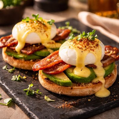 Egg benedict with bacon and avocado