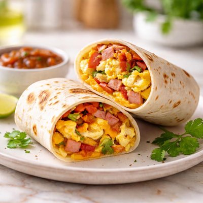 Egg cheese and ham breakfast burrito