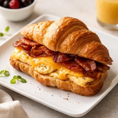 Huevo, queso y tocino en un croissant
